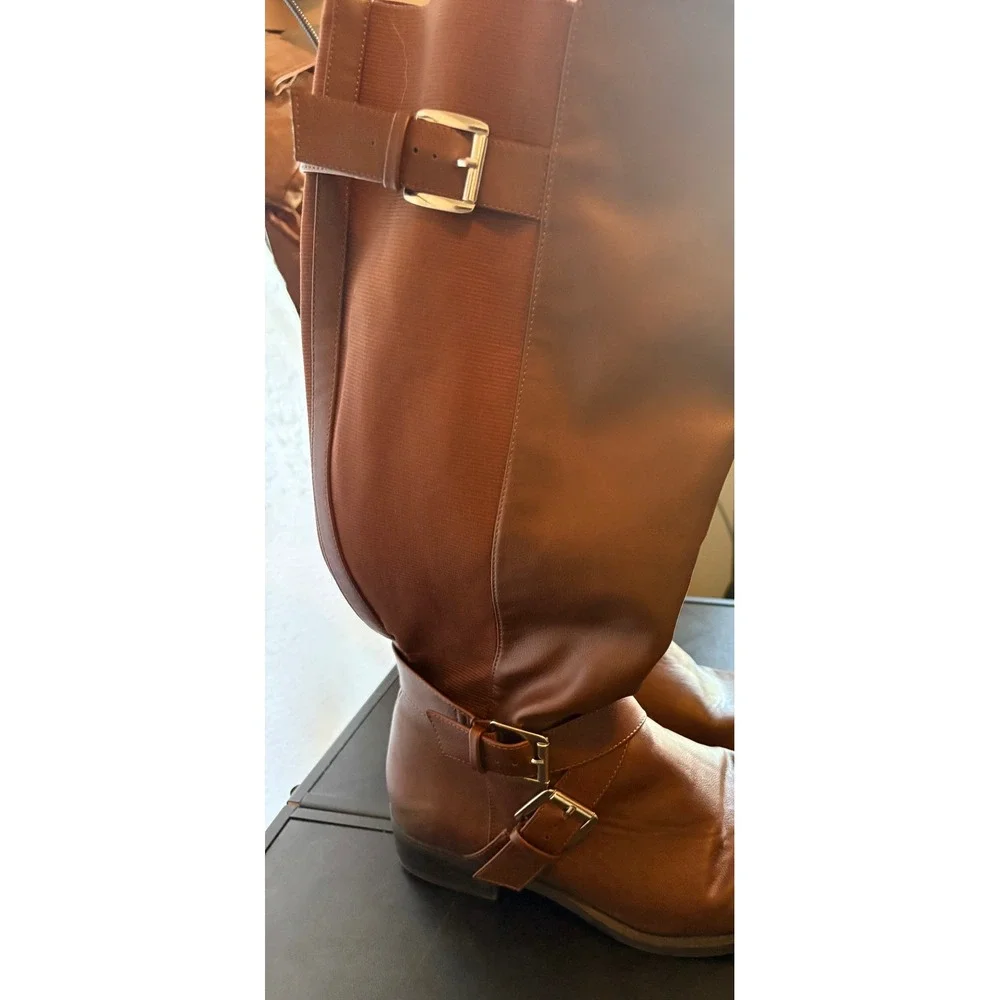 Torrid Womens 9WW Cognac Brown Faux Leather Buckle Knee Riding Boots Wide Width